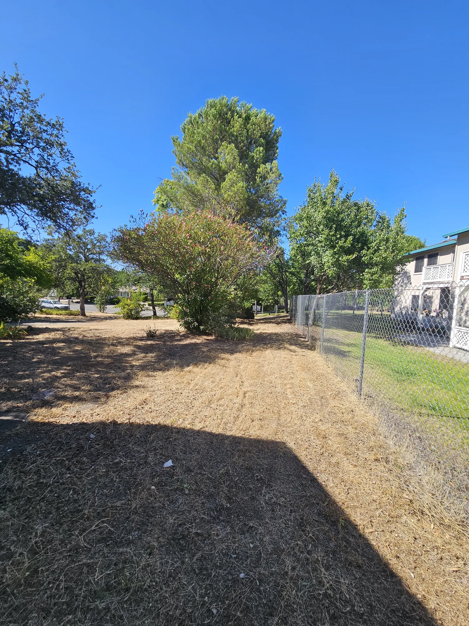 Cleanly cut strip of ground along a residential fence line after clearing