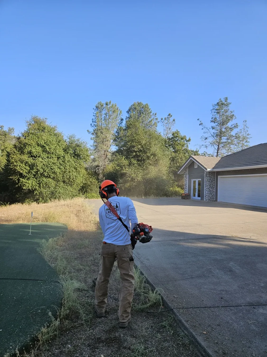 Crew member cutting tall dry growth along a rural driveway in summer